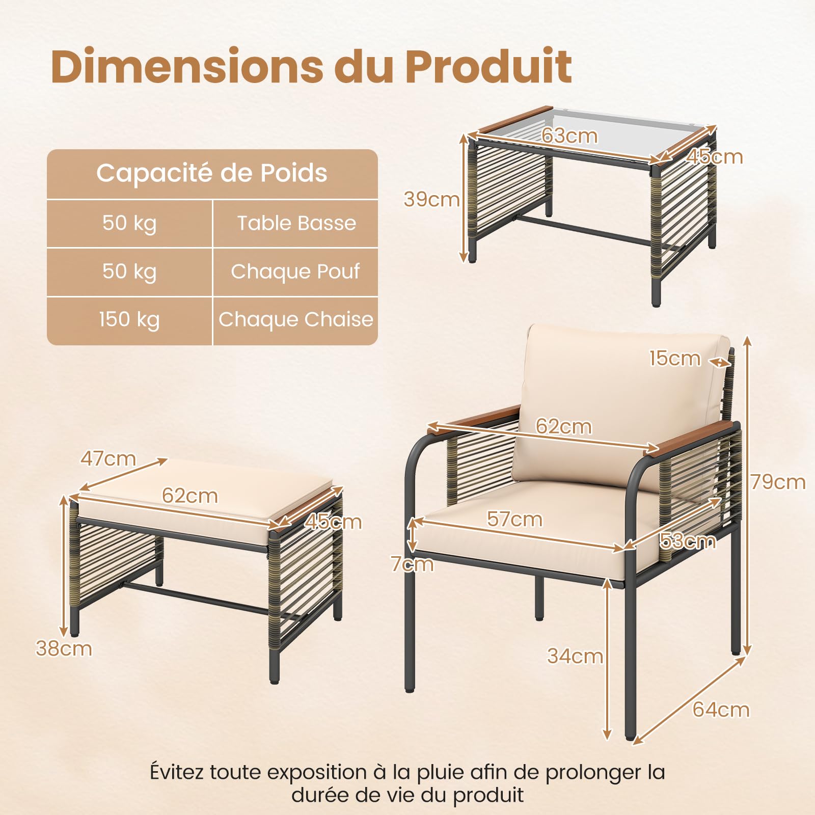 COSTWAY Ensemble de Mobilier de Jardin 5 Pièces, Salon de Jardin en Rotin PE avec Coussins 2 Ottomanes Table Basse en Verre Trempé, Meuble Extérieur pour Patio Cour Terrasse (Marron+Beige)