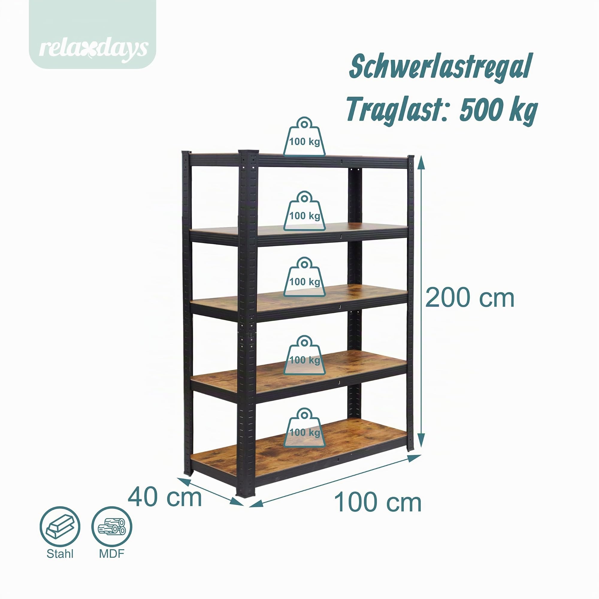 Relaxdays Schwerlastregal, 500 kg, HBT: 200 x 100 x 40 cm, 5 Ebenen, Holzoptik, Lagerregal, Stahl & MDF, schwarz/braun