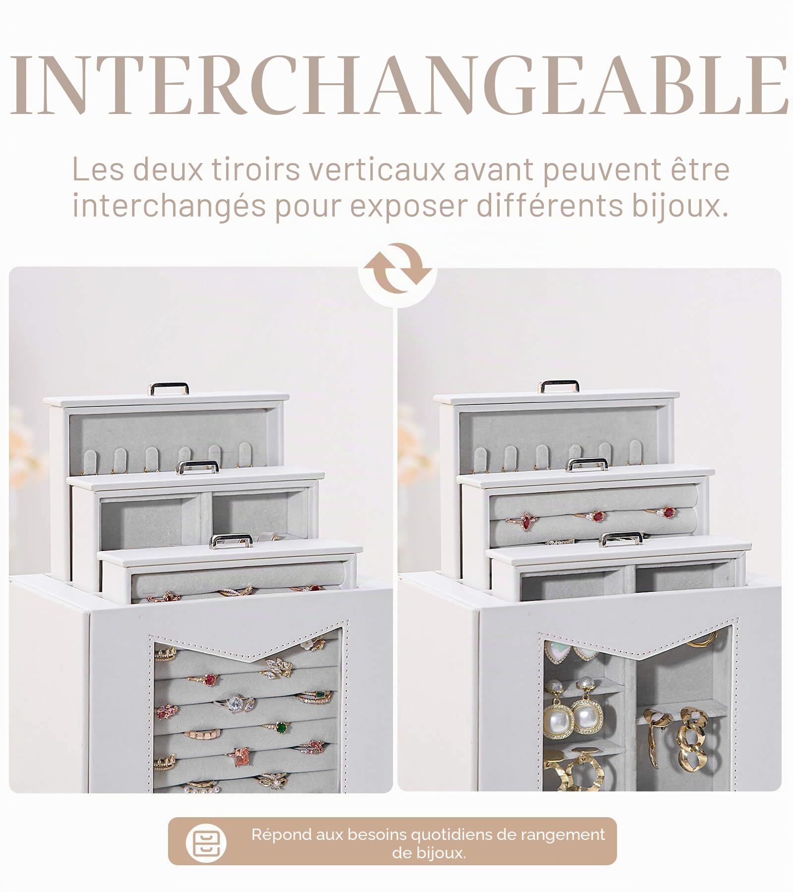 Homde Boîte à Bijoux, Porte Bijoux, Rangement Bijoux, avec Fenêtre transparente, Cadeau Noel, pour Bracelets, Boucles d'oreilles, bagues, Colliers, Montres, Grand, Blanc