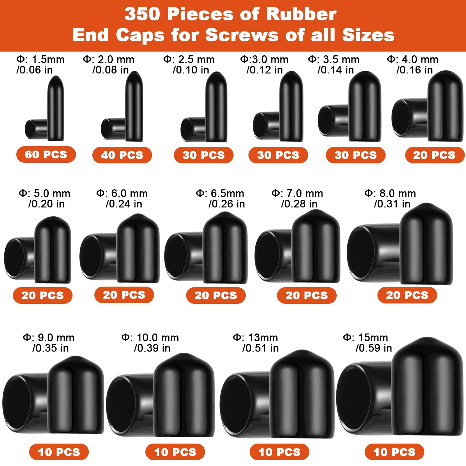 Realure 350Pcs/15Sizes Round Rubber End Caps 15/13/10/9/8/7/6.5/6/5/4/3.5/3/2.5/2/1.5 mm PVC Bolt Cover Screw Thread Protectors Caps for Screw Vinyl Tube Wire Ropes Metal Rods - Image 2