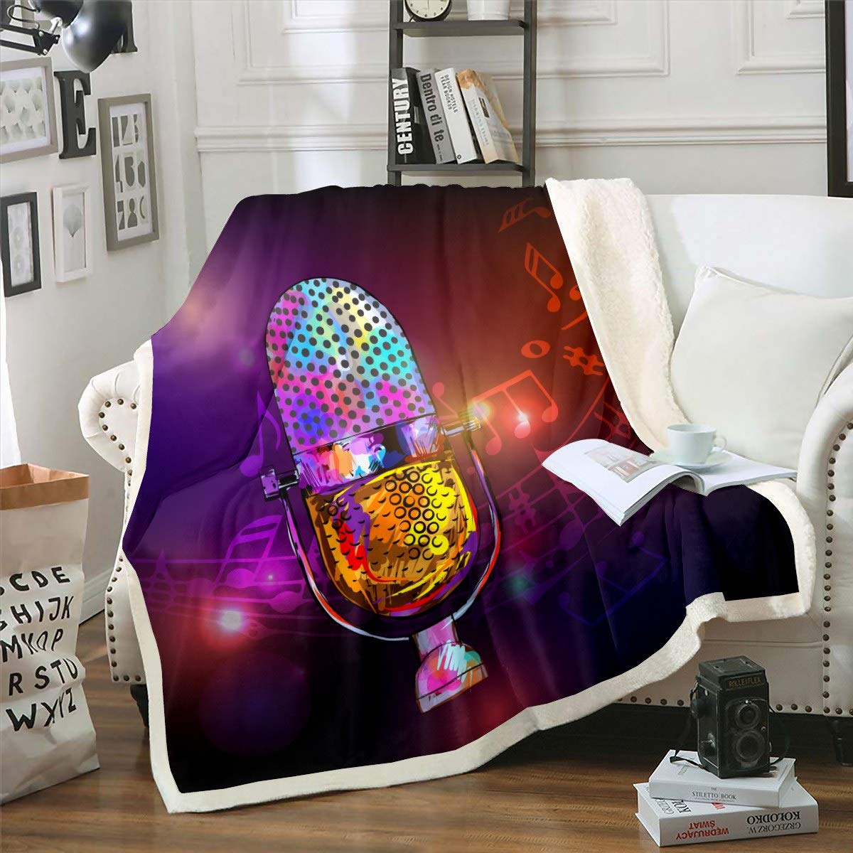 Muzyka rockowa Sherpa koc na sofę łóżko kanapę muzyczny wzór polarowy narzuta koc dekoracyjny mikrofon puszysty koc kolorowy pluszowy koc podwójny, 152 cm x 200 cm, puszysty koc