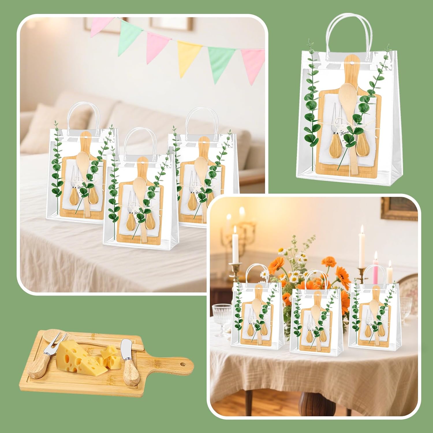 55Pcs Baby Shower Prizes for Game Winners Adults 6 Sets Wedding Bridal Party Favors for Guests with Bamboo Cheese Board Butter Spreaders Forks Kitchen Towels Thank You Gift（Square）