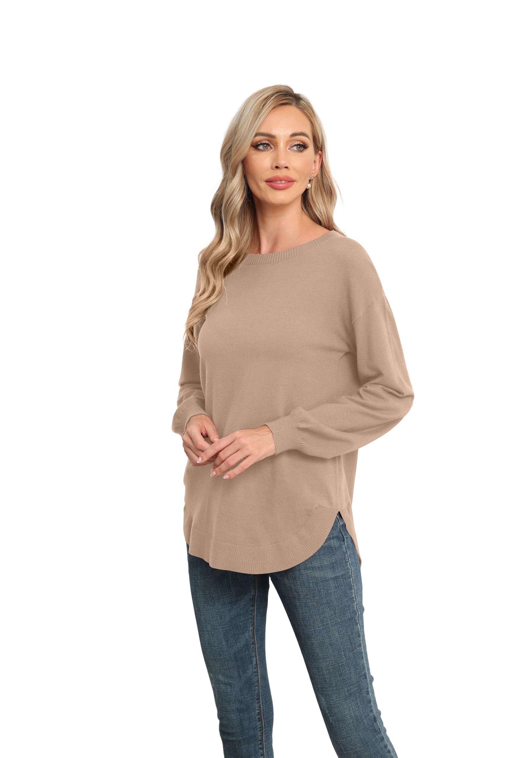 GRECERELLE Suéter de manga larga para mujer, ligero, cuello redondo, suéter casual de punto suave para mujer