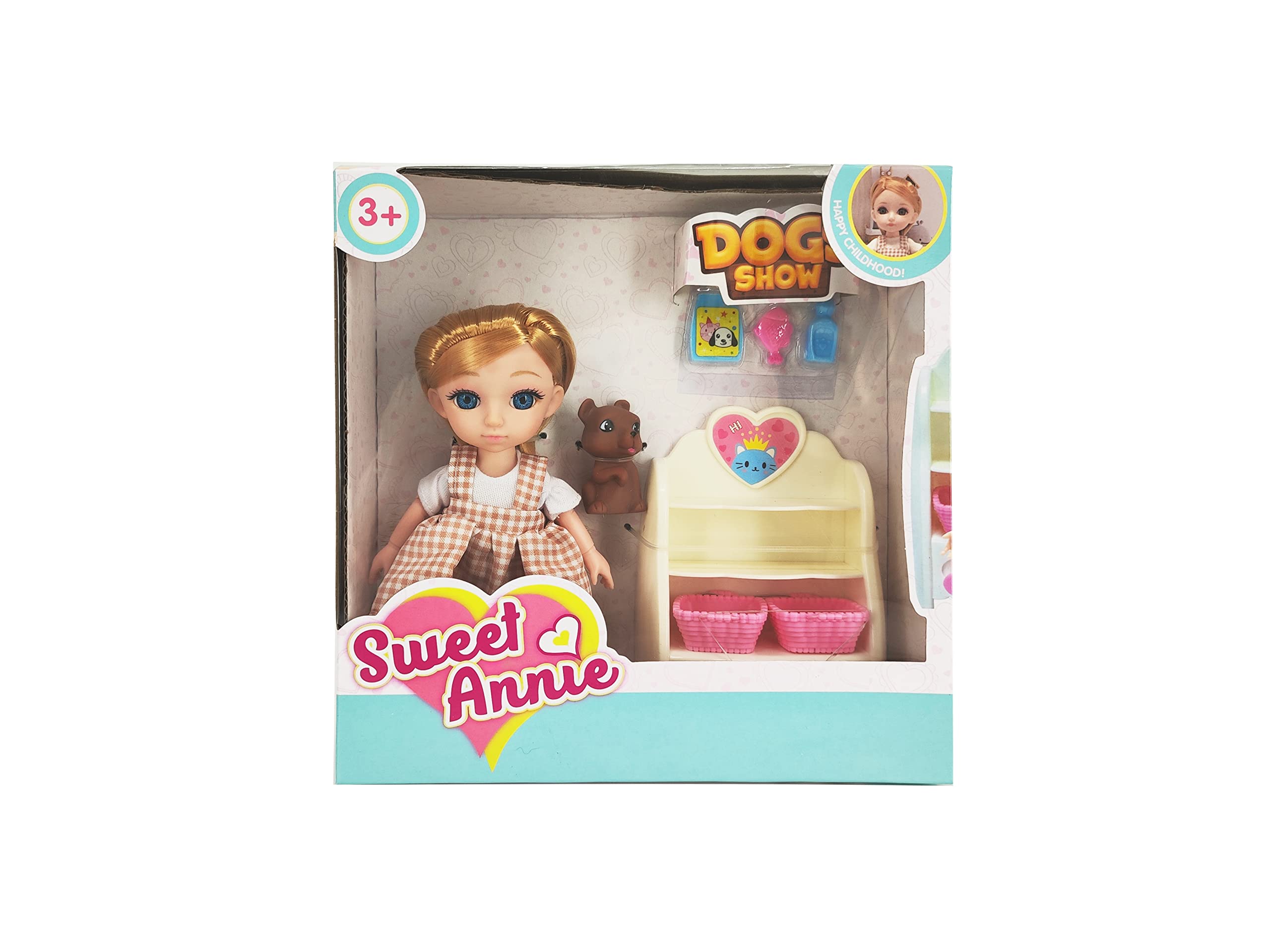 Sweet Annie Dogshow Playset, 6 Inches Poseable Doll with Dog Show Accessories, 13 Articulated Joints, Stylish Hair & Outfit, Pretend Pet Show Toy for Kids – White