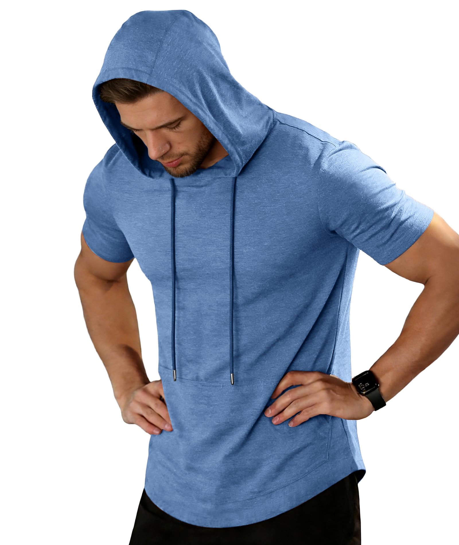 ZITY Gym Tshirts mit Kapuze Herren Sport Training Shirt männer Fitness Shirt Herren Gym Laufshirt Sommer Hellblau L