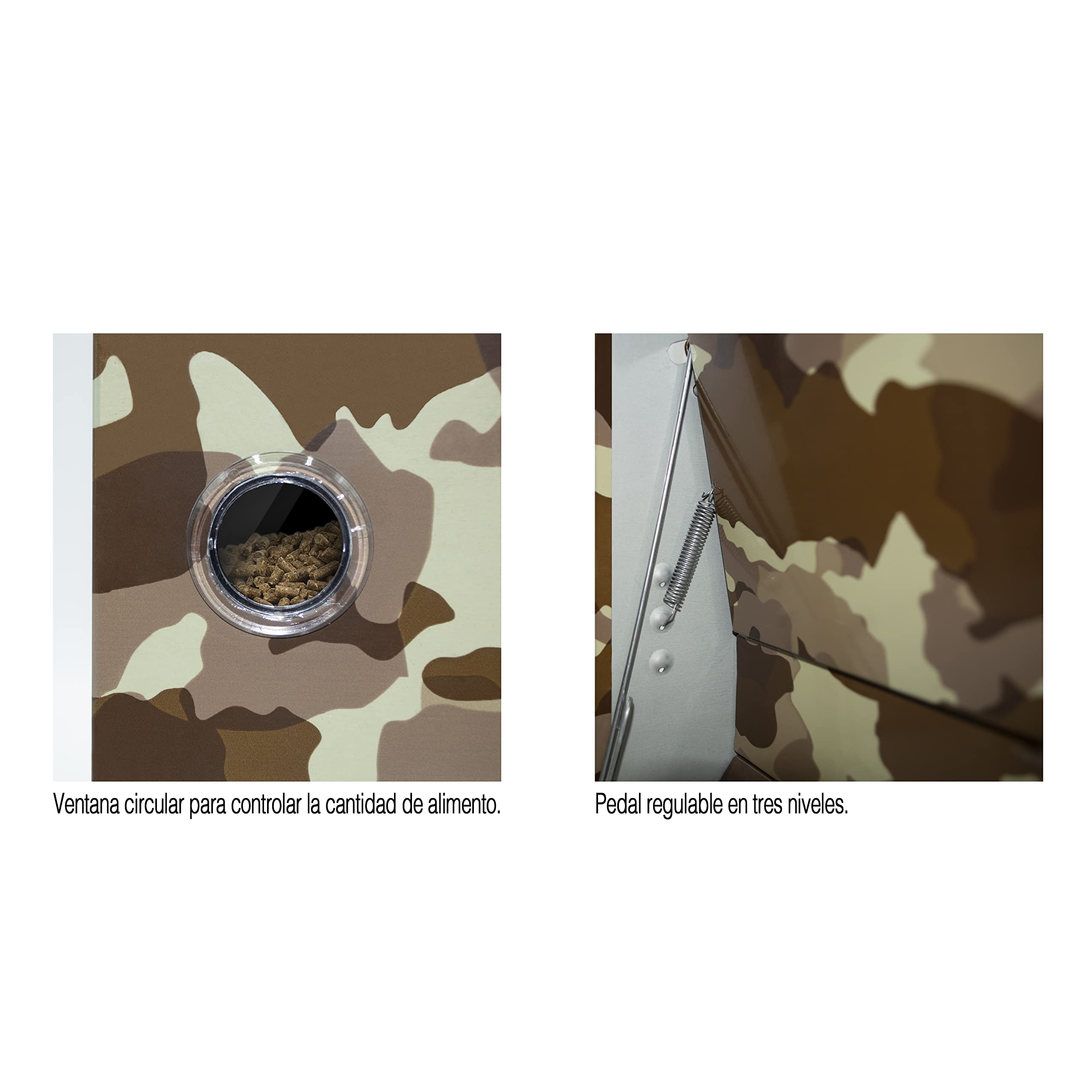 Tolva de Pedal para Gallinas y Otras Aves de Corral | Capacidad 12kg | Comedero Automático Antipájaros y AntiRatones | Chapa Diseño Camuflaje | Pedal Regulable