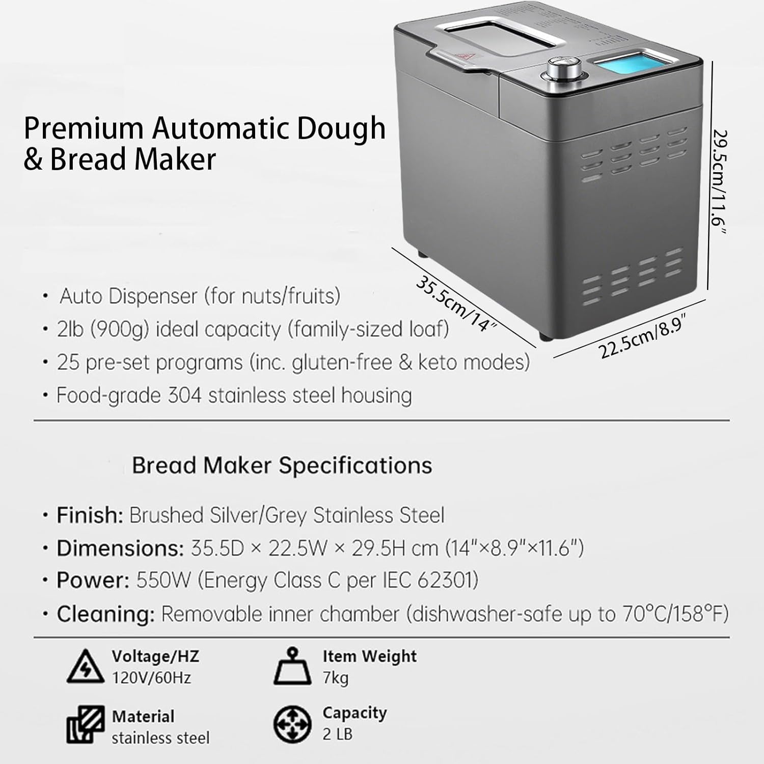 2LB Bread Maker Machine, Multifunctional Bread Maker, 25 Smart Programs & Custom Settings, Stainless Steel, Beginner-Friendly Controls, Easy to Clean, for Both Household and Commercial Use