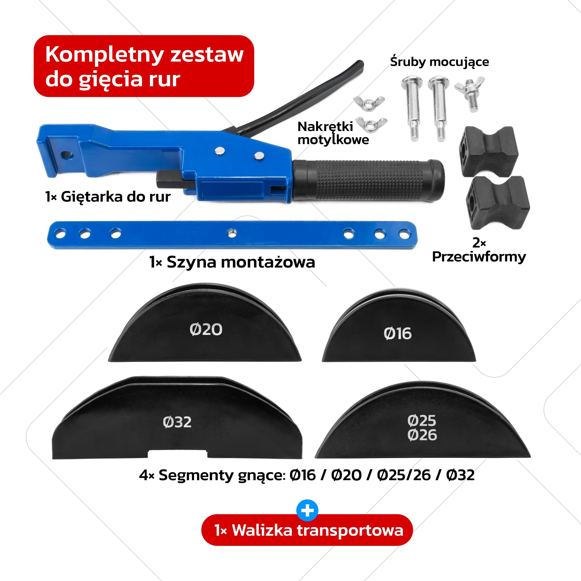 Giętarka Ręczna do Rur Ø16–32 mm | Zestaw do Gięcia Rur Wielowarstwowych, PEX, PER i PEX-AL-PEX | Typ Kuszowy z Walizką i 4 Matrycami Ø16, Ø20, Ø25/26, Ø32 | Stopniowe zginanie do ok. 90° z mechanizmem zapadkowym, do instalacji wodno-kanalizacyjnych i grz