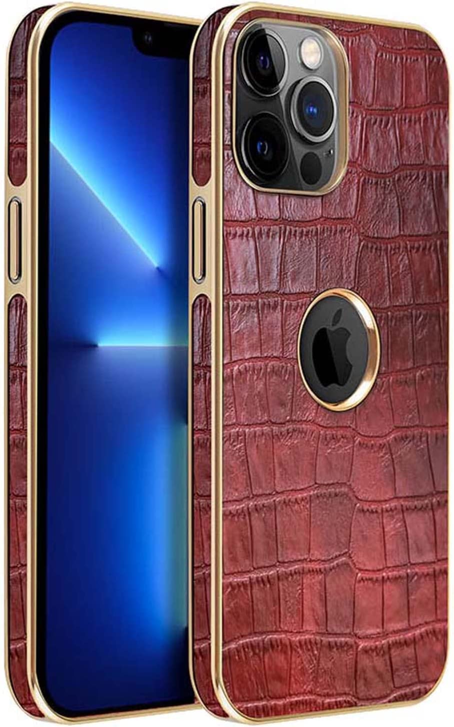 Coque iPhone 14 Pro luxe en cuir véritable croco rouge - 7