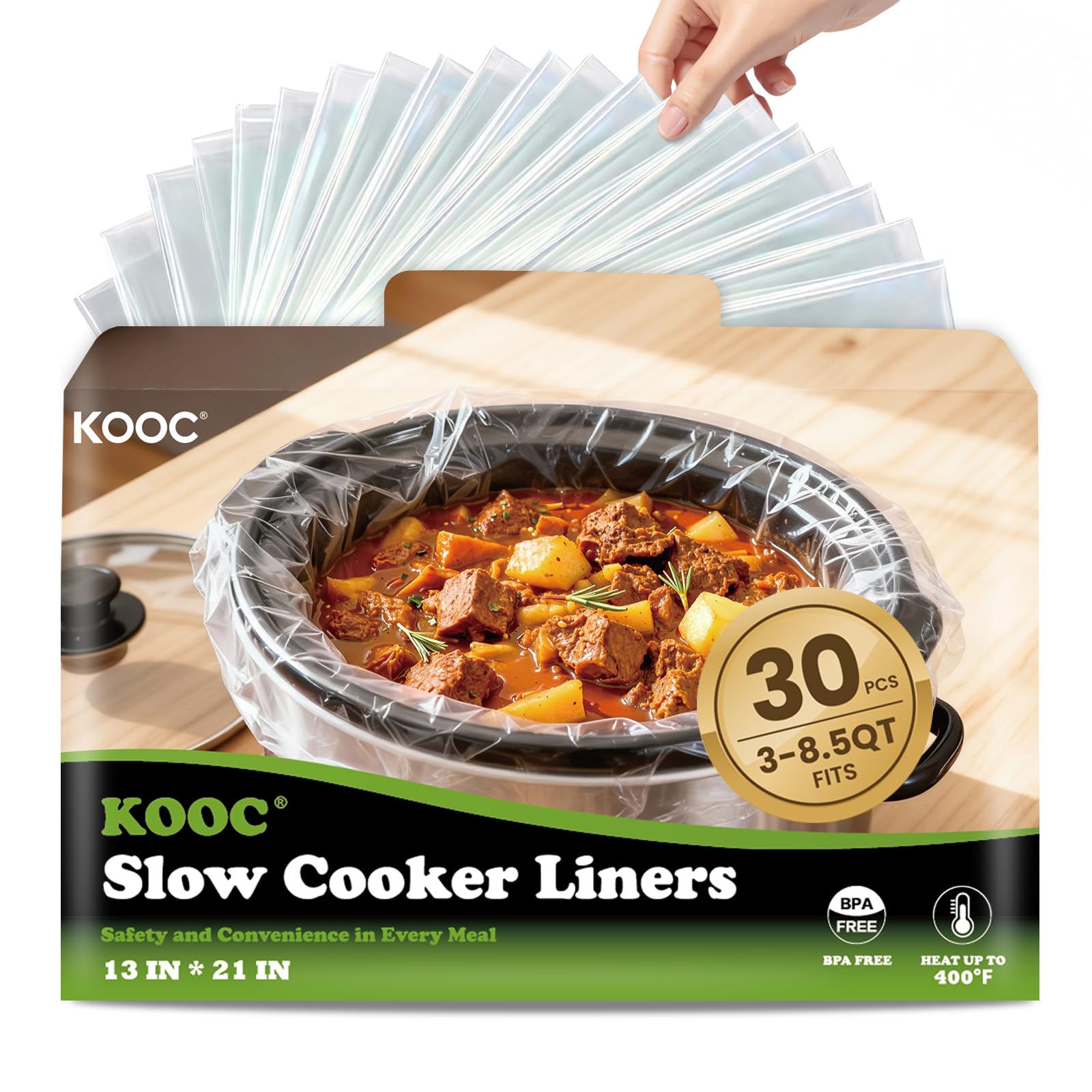 KOOC Slow Cooker Liners, 30 count 13" x 21" Large Size Cooking Bags Fits 3-8 Quart Pots, Disposable Cooking Trays Suitable for Oval & Round & Retangular Pot - 1