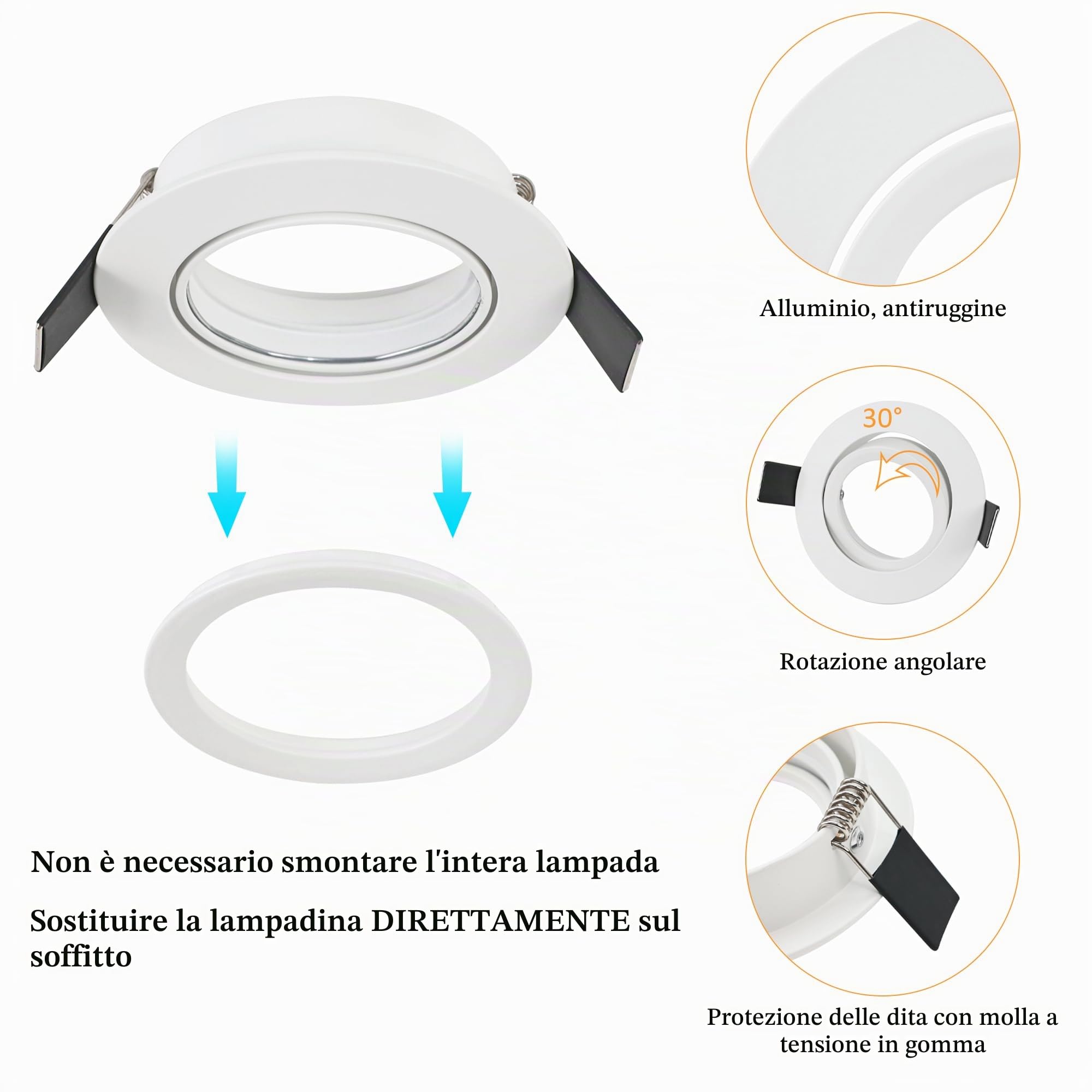 GeyouLux 12x Faretto Incasso Cartongesso GU10 Orientabili Alluminio Bianco, Cornice Faretti led da incasso per cartongesso Rotondo Portafaretto incl. Portalampada GU10 per LED e Alogeno, Foro ø75mm