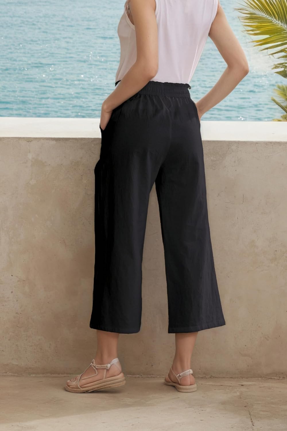 LNX Womens Linen Capri Pants Wide Leg High Waisted Drawstring Casual Cropped Pants with Pockets