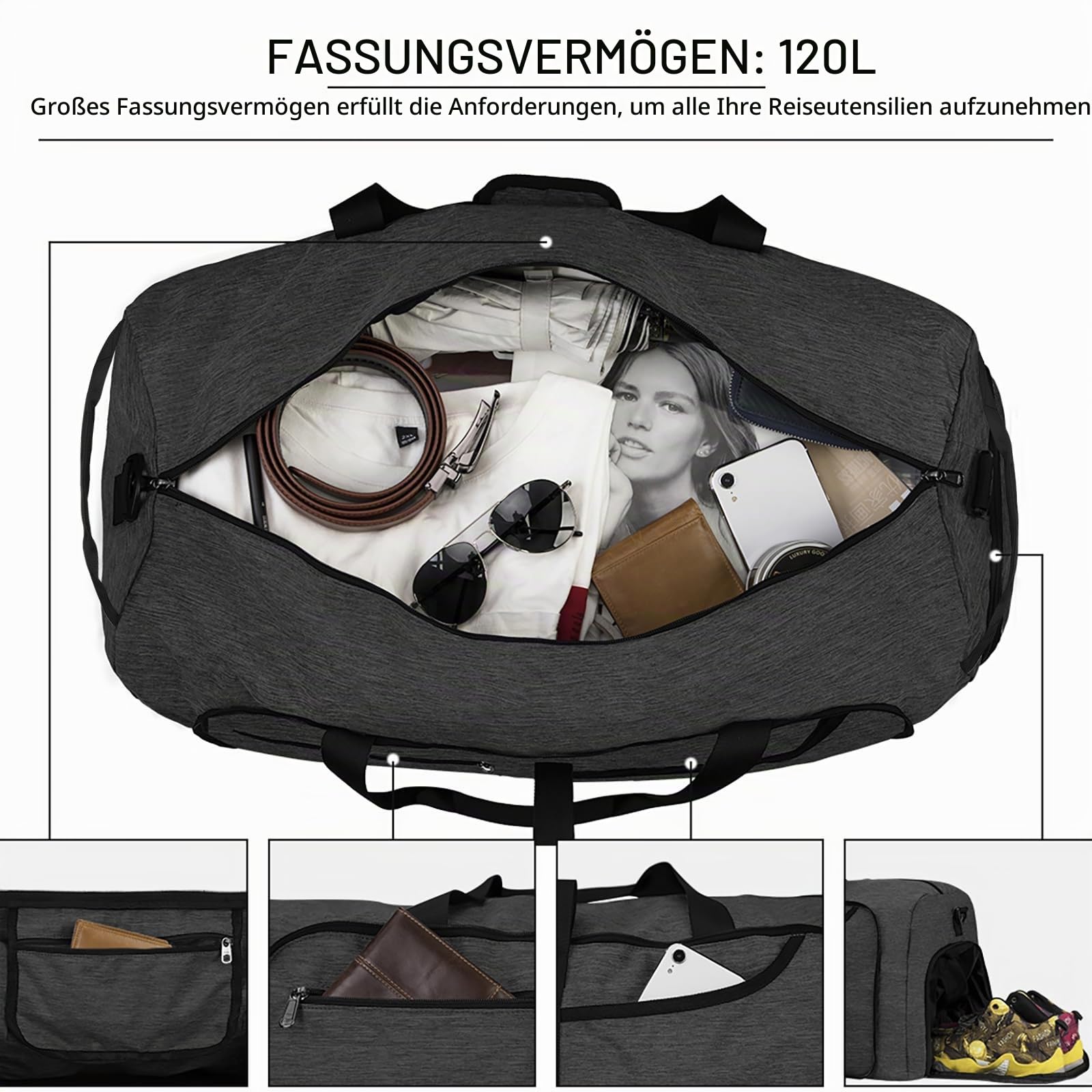 NEWHEY Reisetasche Groß 40L 65L 80L 100L 120L Faltbare Reisetaschen Leichte Sporttasche für männer mit Schuhfach für Weekender Herren Damen Duffel Taschen Schwarz