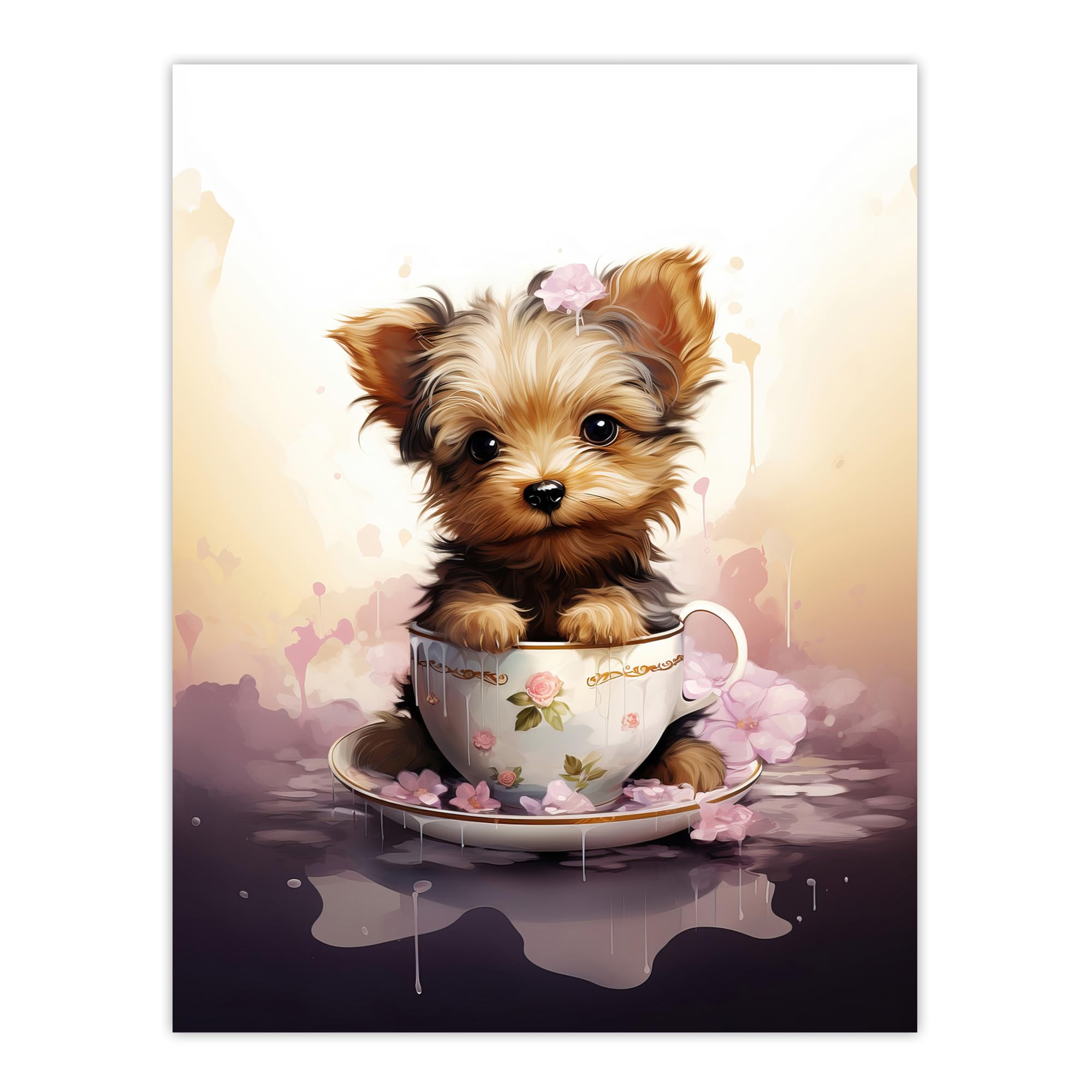 Artery8 Tea Cup Yorkshire Terrier Lovers Gift Watercolour Pet Portrait Painting Artwork Large Wall Art Poster Print Thick Paper 18X24 Inch