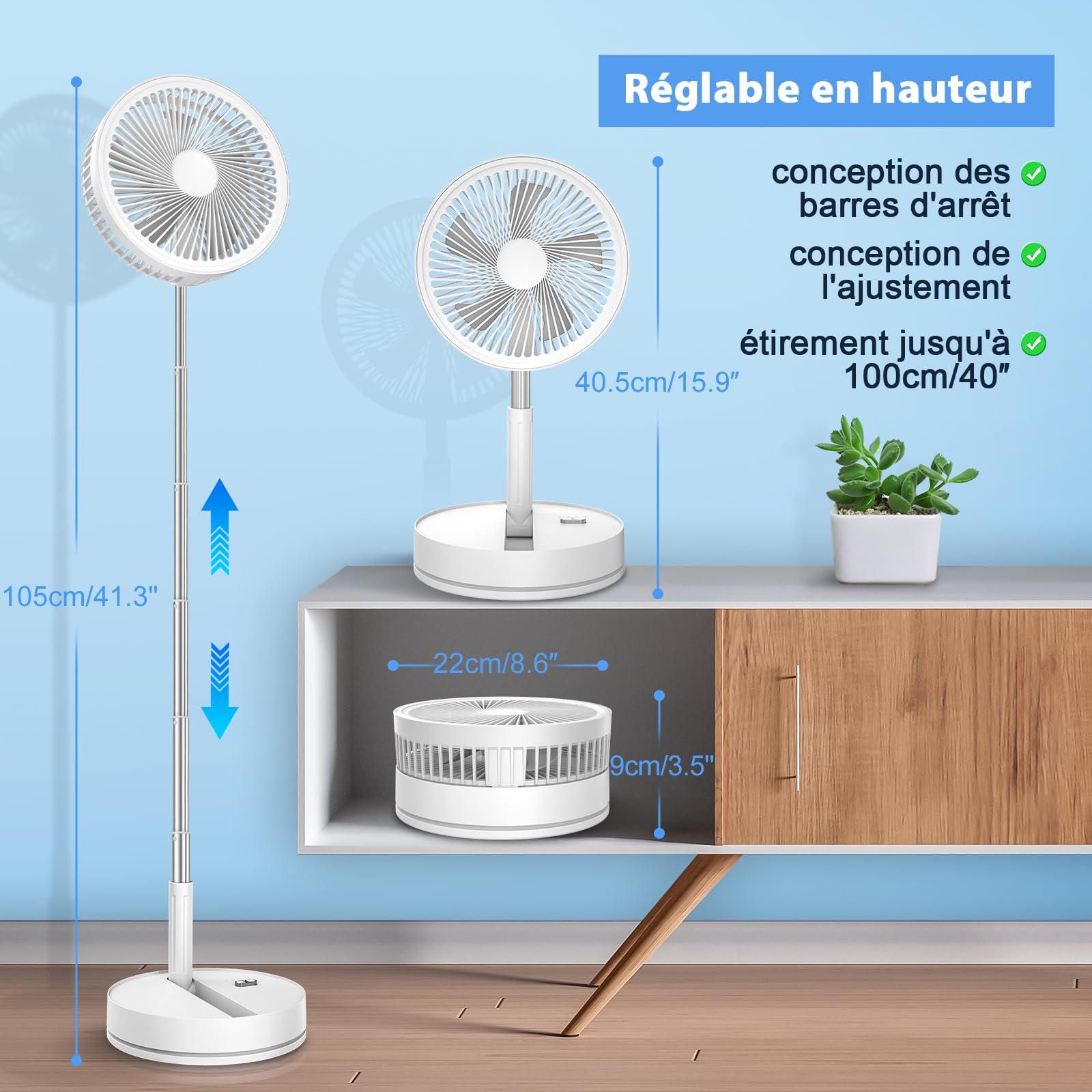 8 Zoll Faltbarer Ventilator mit Fernbedienung, 8000mAh Akku USB Standventilator, 22dB Leise Tischventilator Weiß