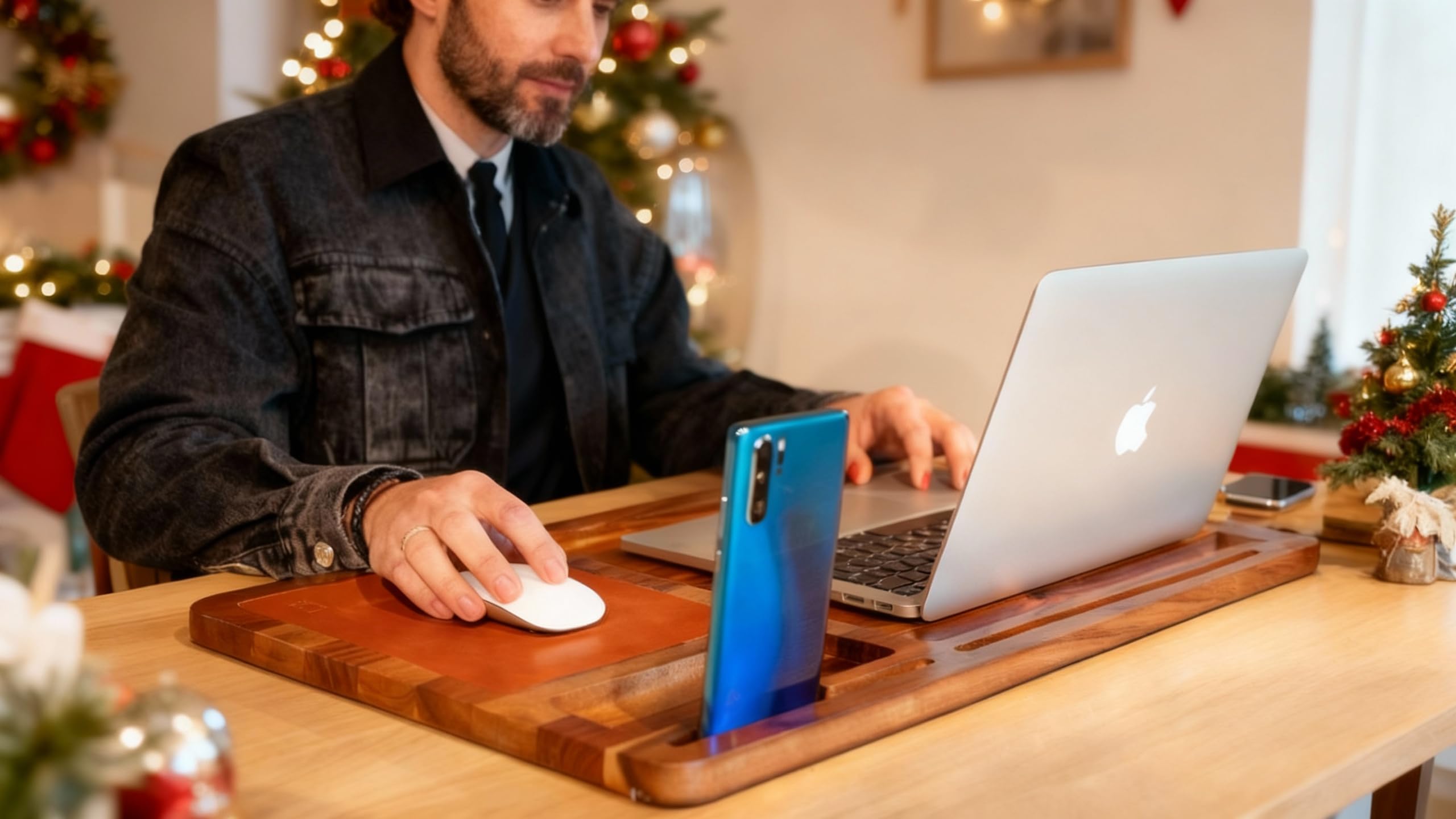 lula Tappetino per laptop in legno di acacia – con grande tappetino per mouse in pelle e pratico supporto per notebook, tablet e telefono; tavolo portatile per laptop in casa o come tavolo da letto a