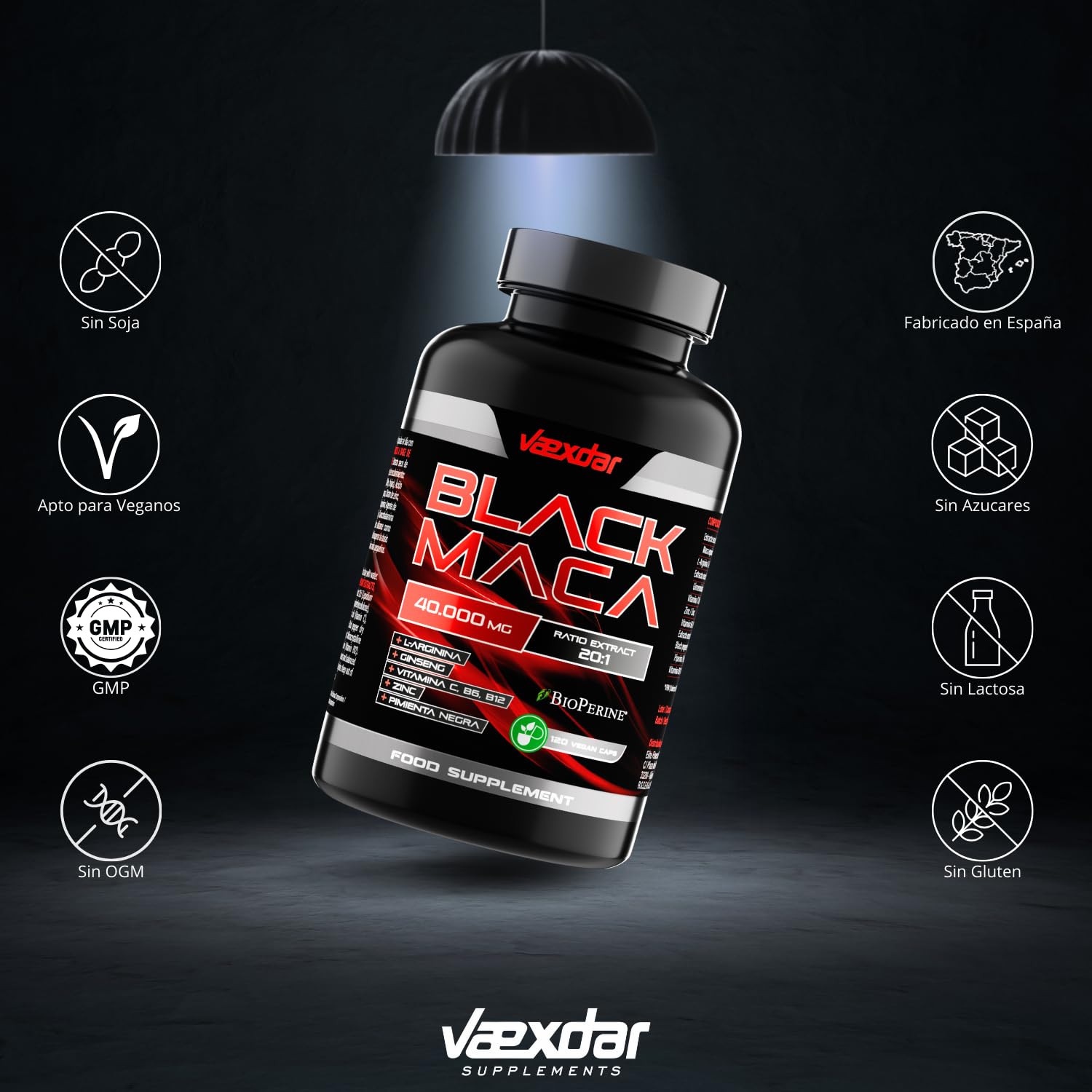 Maca Negra Andina 40.000mg - Extracto 20:1 - Maca Negra Peruana + L-Arginina + Ginseng + Zinc + Vitamina C, B6 y B12 - Alta Concentración - Potencia tu Energía y Vitalidad - 120 Cápsulas - Vaexdar