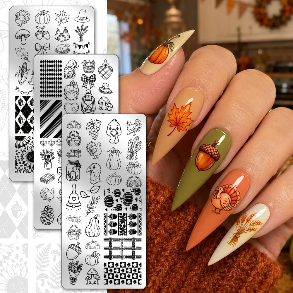 PH PandaHall 3pcs Fall Nail Stamping Plates Maple Leaf Pumpkin Nails Art Stencils Pinecone Thanksgiving Nail Art Templates Autumn Harvest Nails Image Plates for Women Manicures Salon Design Supplies