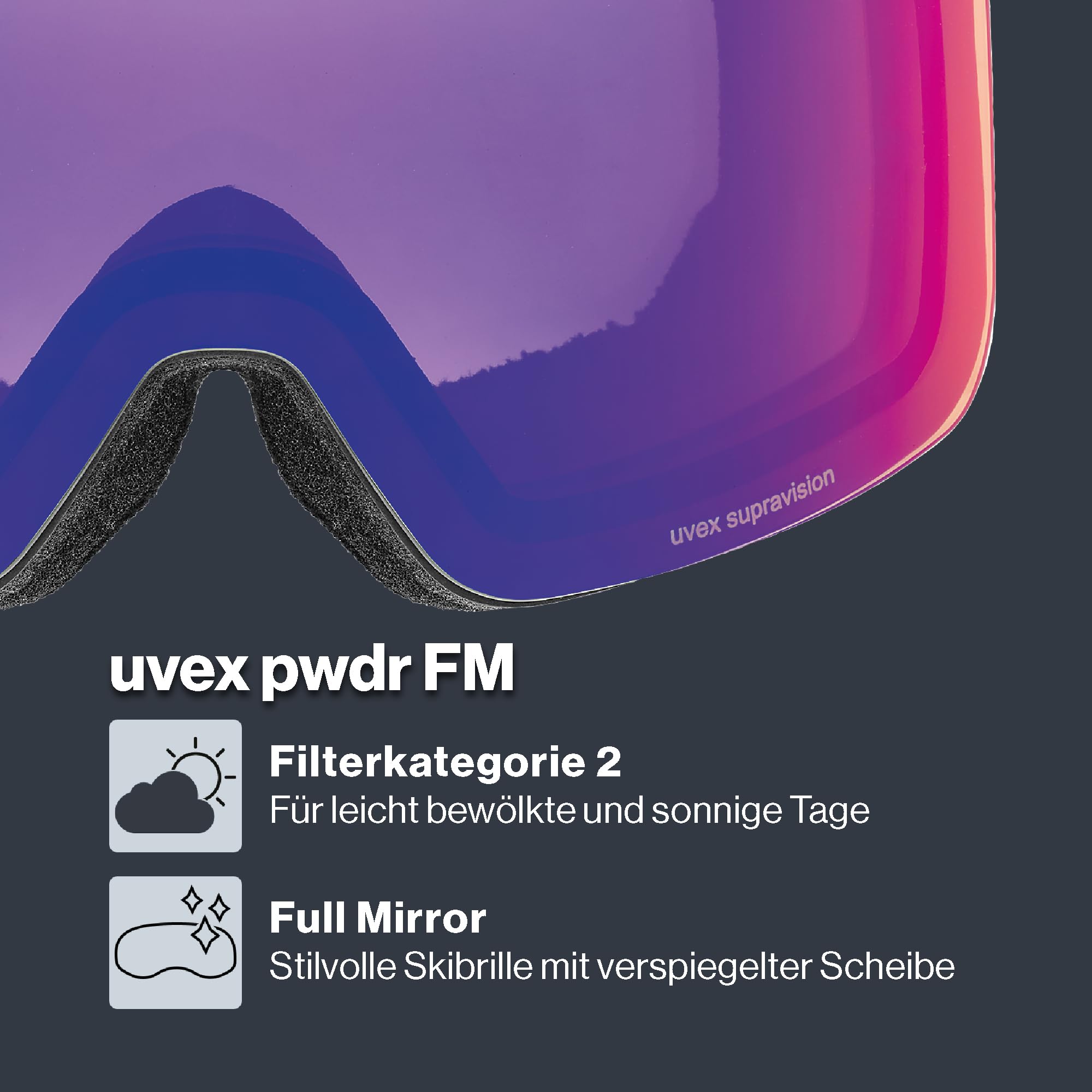 uvex pwdr FM - stylische, verspiegelte Skibrille mit weitem Sichtfeld und Anti-Fog-Beschichtung mit ausgewachsenen Features für Kinder - black matt/ruby-clear - one size