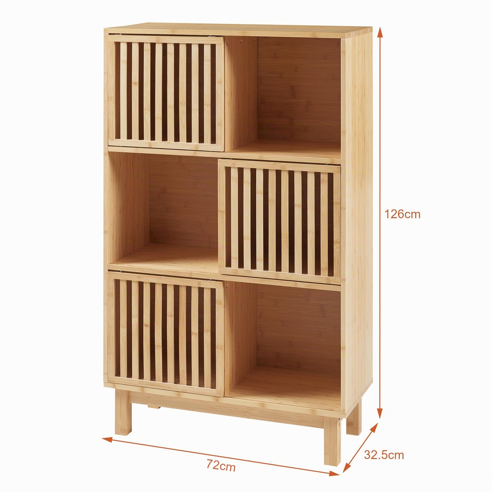 [en.casa] Estantería de Pie Ypäjä con 6 Compartimentos Estanteria Independiente con 3 Puertas Corredoras Librería para Salón Oficina Dormitorio Estable Sostenible Bambú 126x76x33cm - Natural
