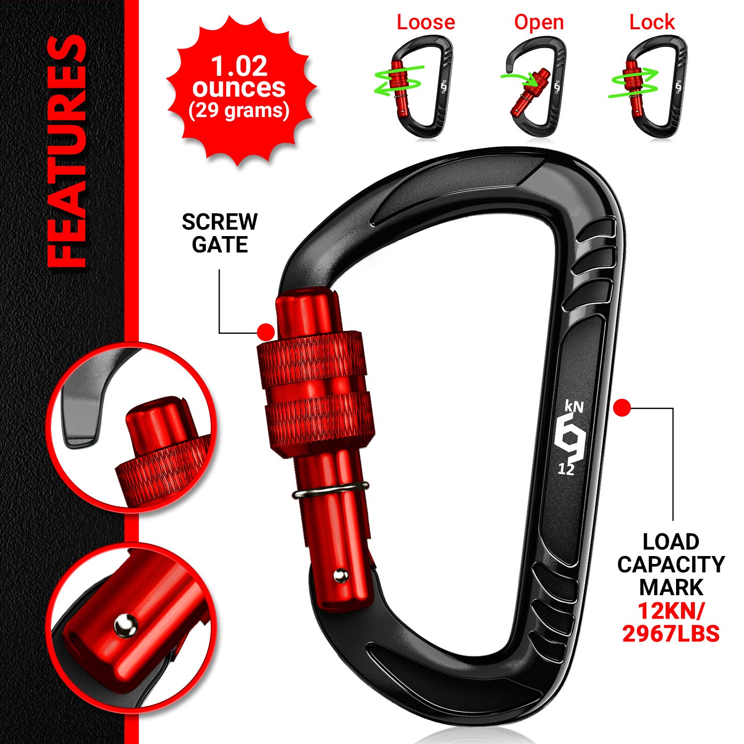 Rhino Produxs 12kN (2697 lbs) Heavy Duty Lightweight Locking Carabiner Clips with keyrings - Excellent for Securing Pets, Outdoor, Camping, Hiking, Hammock, Dog Leash Harness, Keychains, Water Bottle - Image 3