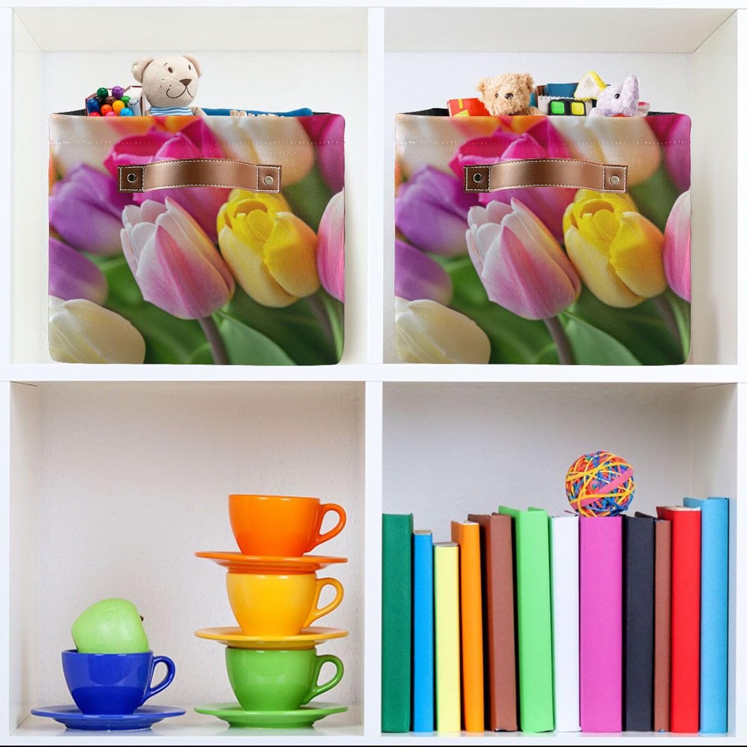 Foldable Canvas Storage Basket with Handles Colorful Tulip Flowers Durable Storage Bin Organizer for Nursery Kids Shelves Desks Printed Canvas Storage Basket