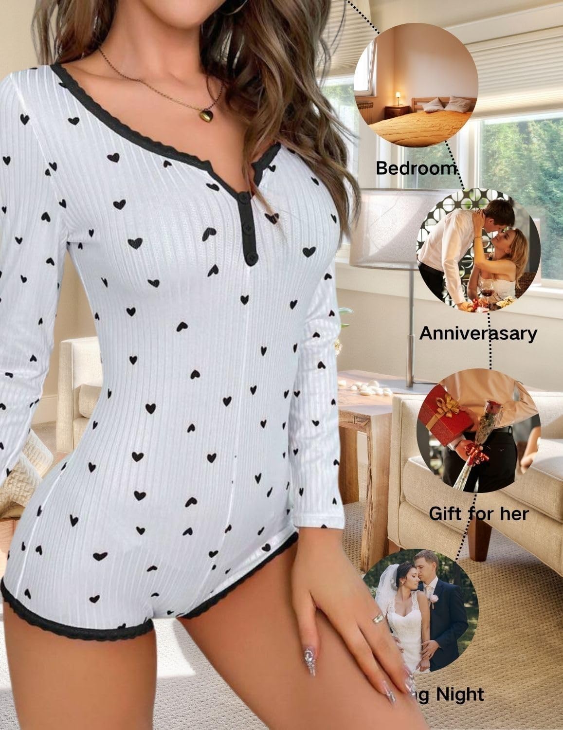 ROSVAJFY Women's Ribbed Heart Print Pajama Romper Long Sleeve V Neck Bodycon Bodysuit Loungewear Sleepwear One Piece Onesie