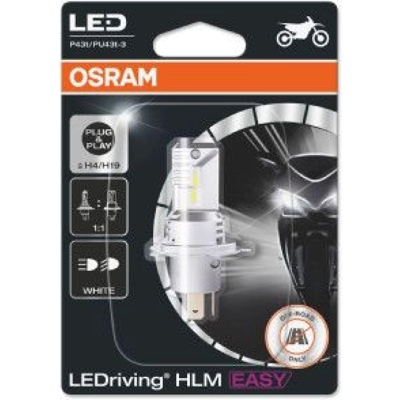 OSRAM LEDriving HLM EASY H4, Lampada LED per fari moto, bianco freddo 6500 K, luci a LED retrofit per abbaglianti e abbaglianti, solo per uso offroad - non ECE, blister (1 lampada)