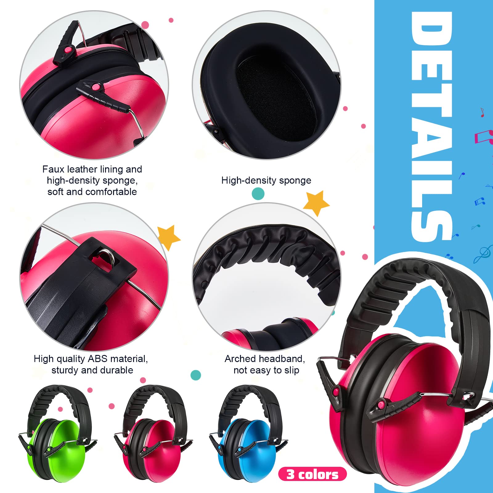 Amylove 6 Stück Kinder-Kopfhörer mit Geräuschunterdrückung, Ohrenschützer, 27 dB, verstellbarer Gehörschutz, Ohrenschützer, schalldicht, Ohrenschützer (grün, rosa, blau)