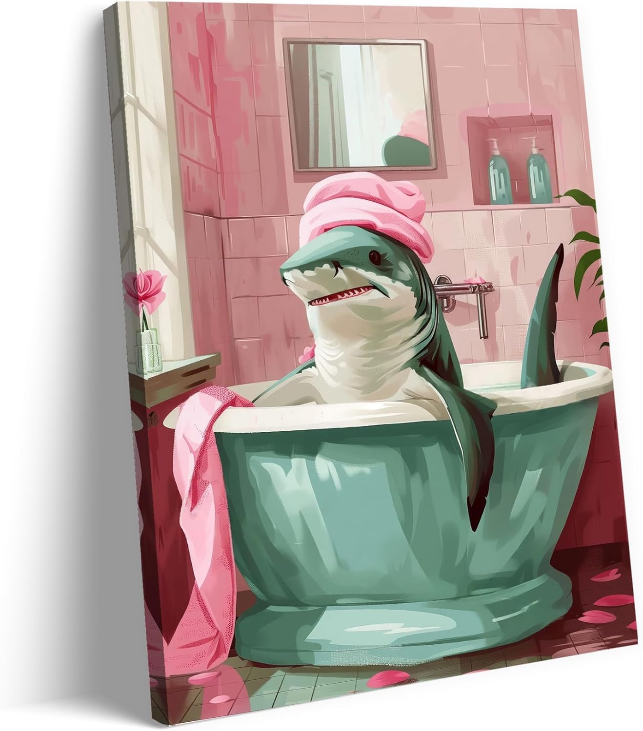 lkjhgf999 Funny Shark Bathroom Decor Canvas Wall Art Pink Bathroom Pictures Wall Decor Abstract Print Painting Home Decorations Canvas Prints Artwork for Bathroom Bedroom Living Room Office