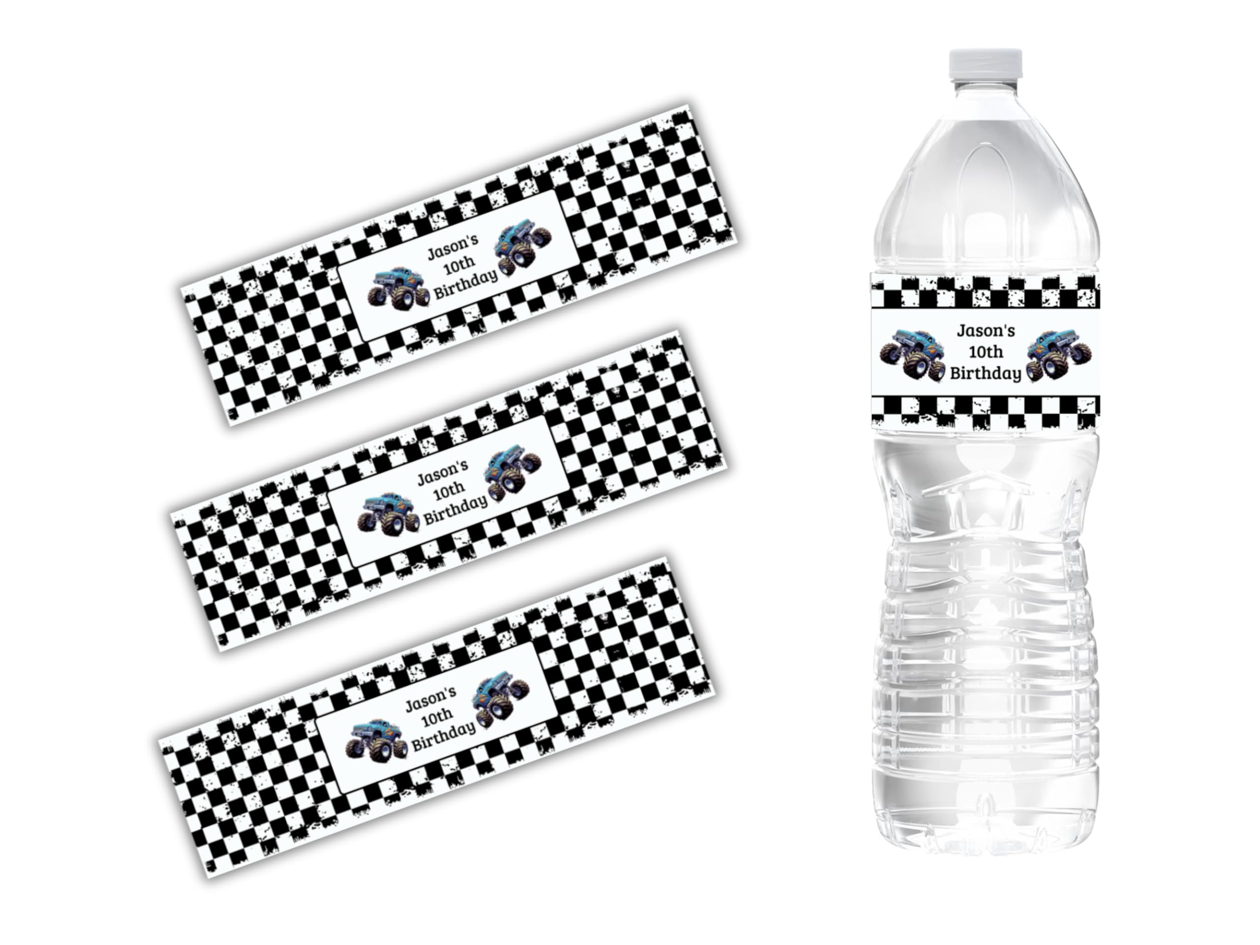 15 Personalized Monster Truck Water Bottle Labels for Birthday Partys or Baby Showers, Decorations Favors and Supplies