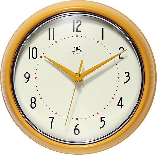 Infinity Instruments Retro 9 inch Silent Sweep Non-Ticking Mid Century Modern Kitchen Diner Wall Clock Quartz Movement Retro Wall Clock Decorative (Saffron Yellow)