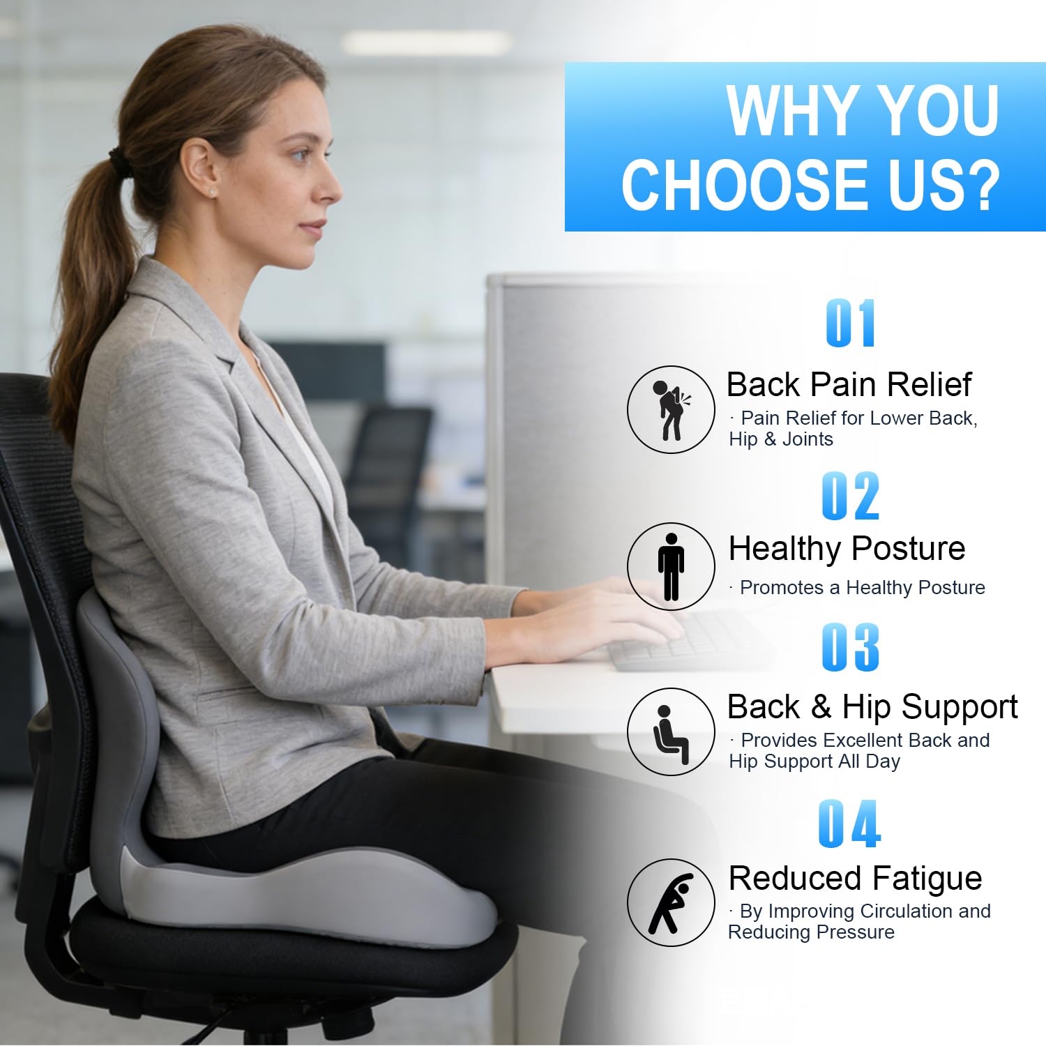 Gresonic Cojín ergonómico de espuma viscoelástica, para oficina, coche, sillas de juegos y comedor, ciática, coxis y coxis, soporte lumbar y lumbar (A, talla única)