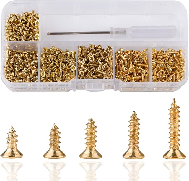 Roosea 1000 Pcs M2 Small Hinge Wood Screws 5/6/7/8/10 mm Tiny Flat Head Cross Small Brass Screws with Screwdriver for DIY Hinge Dollhouse Drawer Accessories(Golden)