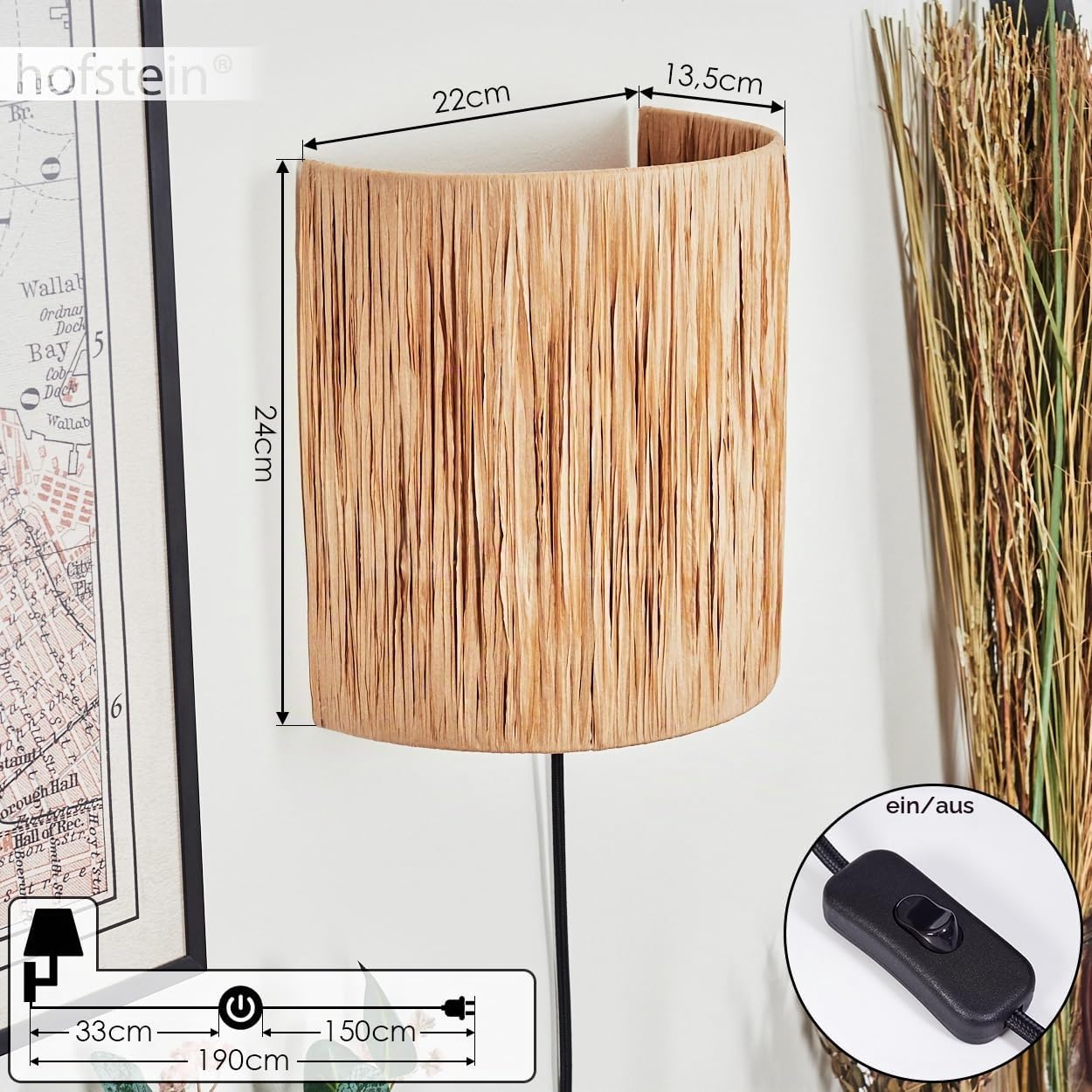 Wandleuchte Cardeal, Wandlampe aus Metall/Bast in Schwarz/Natur, Leuchte im Boho-Design, Wandleuchte mit Stecker und Schalter, abnehmbares Kabel, UP & Down Lichteffekt, 1 x E27, ohne Leuchtmittel