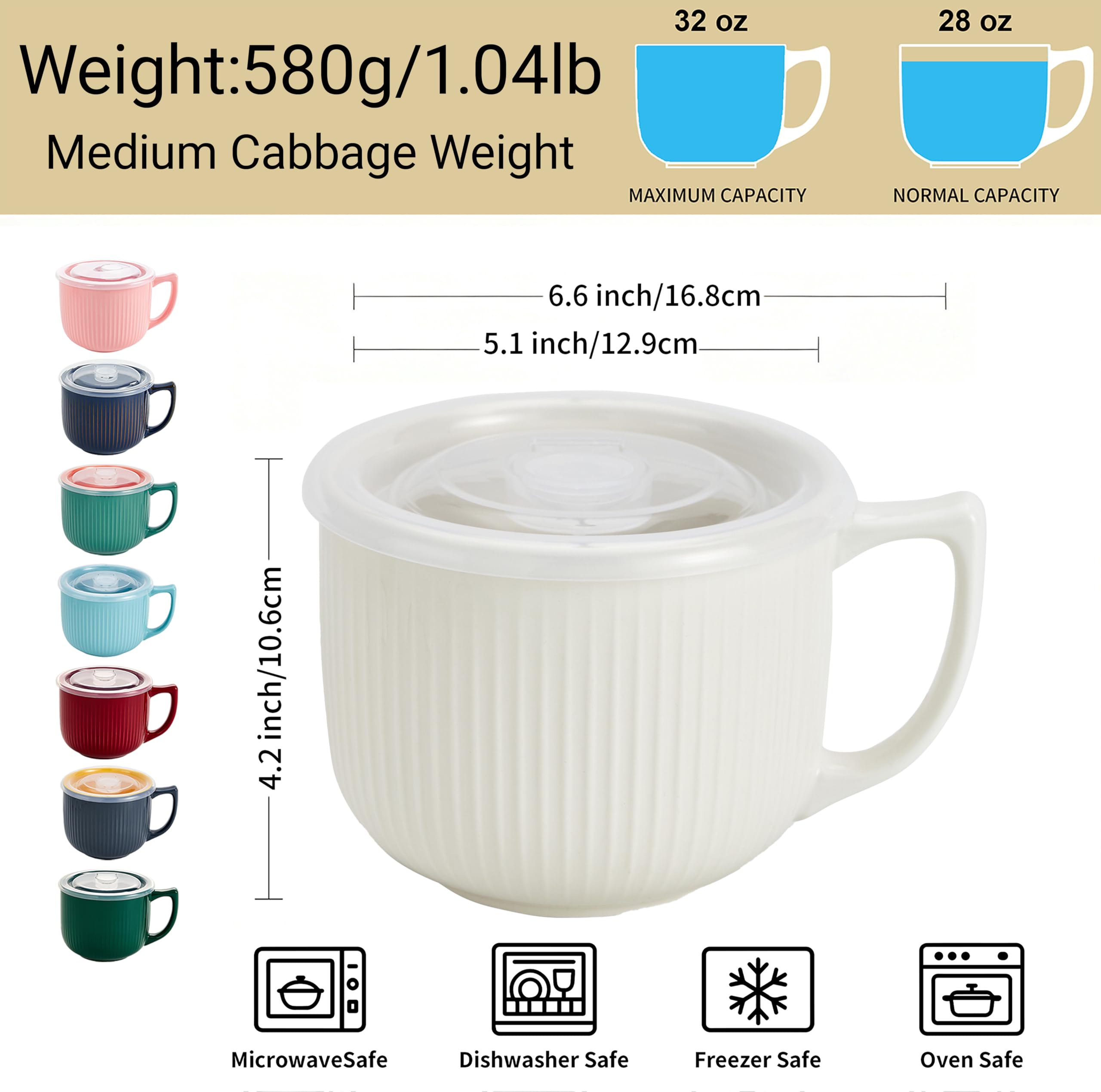 Tazón De Sopa De Cerámica 32 Oz Con Asa Y Tapa – Apto Microondas – Recipiente Para Ramen, Cereales Y Fideos Instantáneos (Gris)
