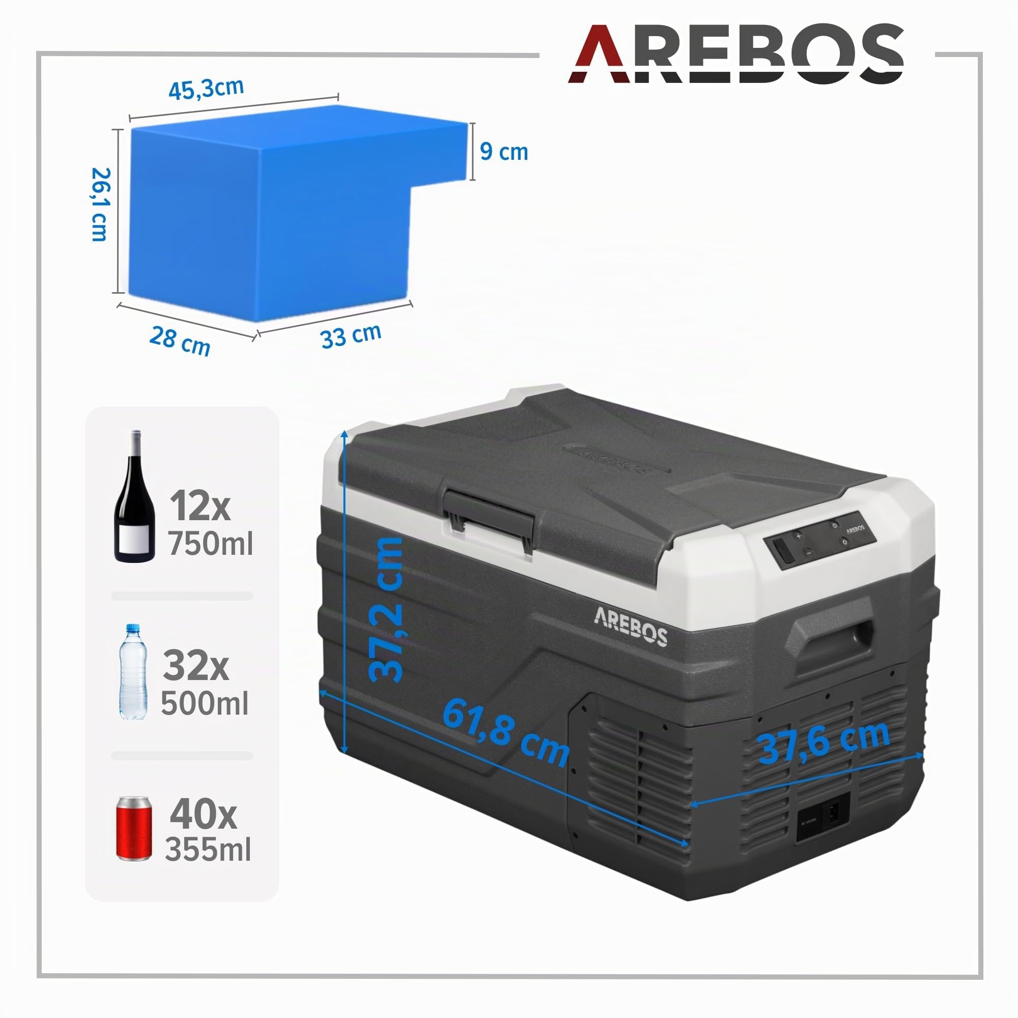 Arebos Glacière à compresseur 26 L | Réfrigérateur & congélateur Portable Jusqu’à -20 °C | Application & Commande Intelligente | 12/24V & 230V | USB | pour Voiture, Camion, Bateau, Camping-Car
