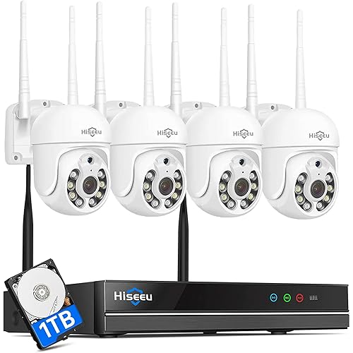 Hiseeu 【2K,Pan/Tilt/Control】 AI Human Detection Wireless Security Camera System,Two Way Audio, Color Night Vision,Mobile&PC Remote,Outdoor IP66 Waterproof, 7/24/Motion Record,Motion Alert