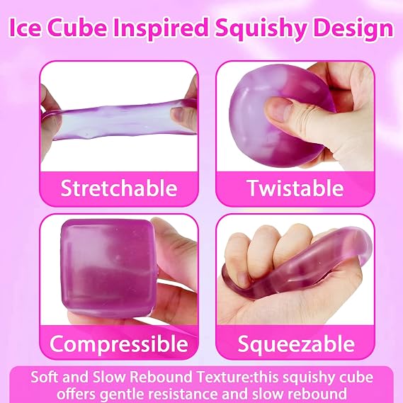 Ice Cube Stress Ball,3.5cm(1.38Inch) Cube Fidget Toys,Squishy Cube for Anxiety Relief Stress Reliever,Stress Relief Toys for Adults Kids Children Teens (Purple)