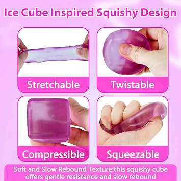 Ice Cube Stress Ball,3.5cm(1.38Inch) Cube Fidget Toys,Squishy Cube for Anxiety Relief Stress Reliever,Stress Relief Toys for Adults Kids Children Teens (Purple)