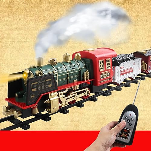 Miniatura 5 de Tren eléctrico de Navidad con control remoto con humo, luces, sonido, locomotora, automóviles y transporte remoto, recargable por USB, con pista,