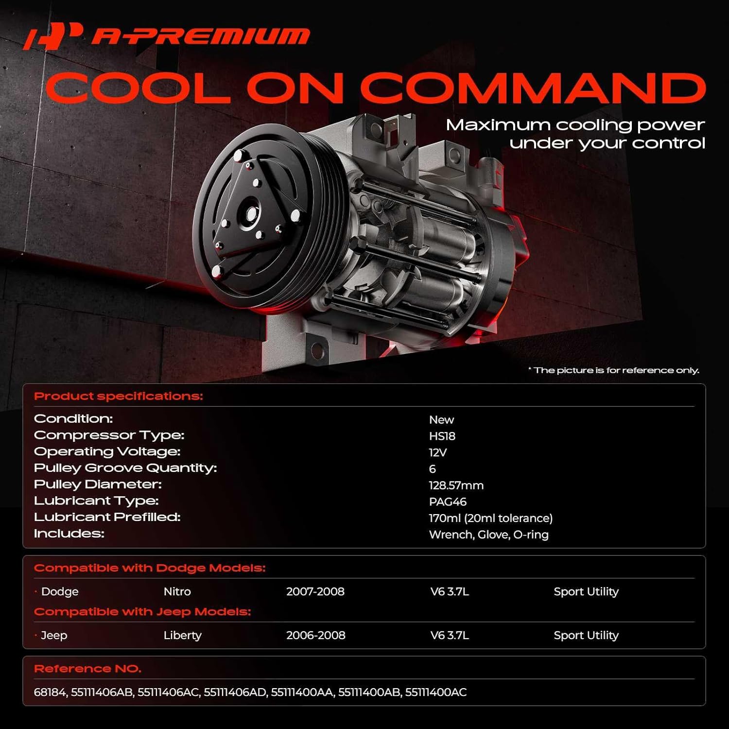 A-Premium Air Conditioner AC Compressor with Clutch Compatible with Dodge Nitro 3.7L 2007-2008, Jeep Liberty 3.7L 2006-2008, Sport Utility