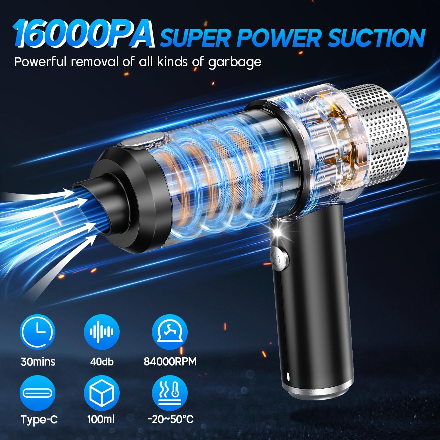 JONYJ Handheld Car Vacuum Cleaner, 16000PA Hand Held Vacuum Portable Cordless, 2 in 1 Air Duster and Vacuum Cleaner with LED Light, Multi-Nozzles, 120W High Power Mini Vacuum for Home, Pet, Office - Image 3