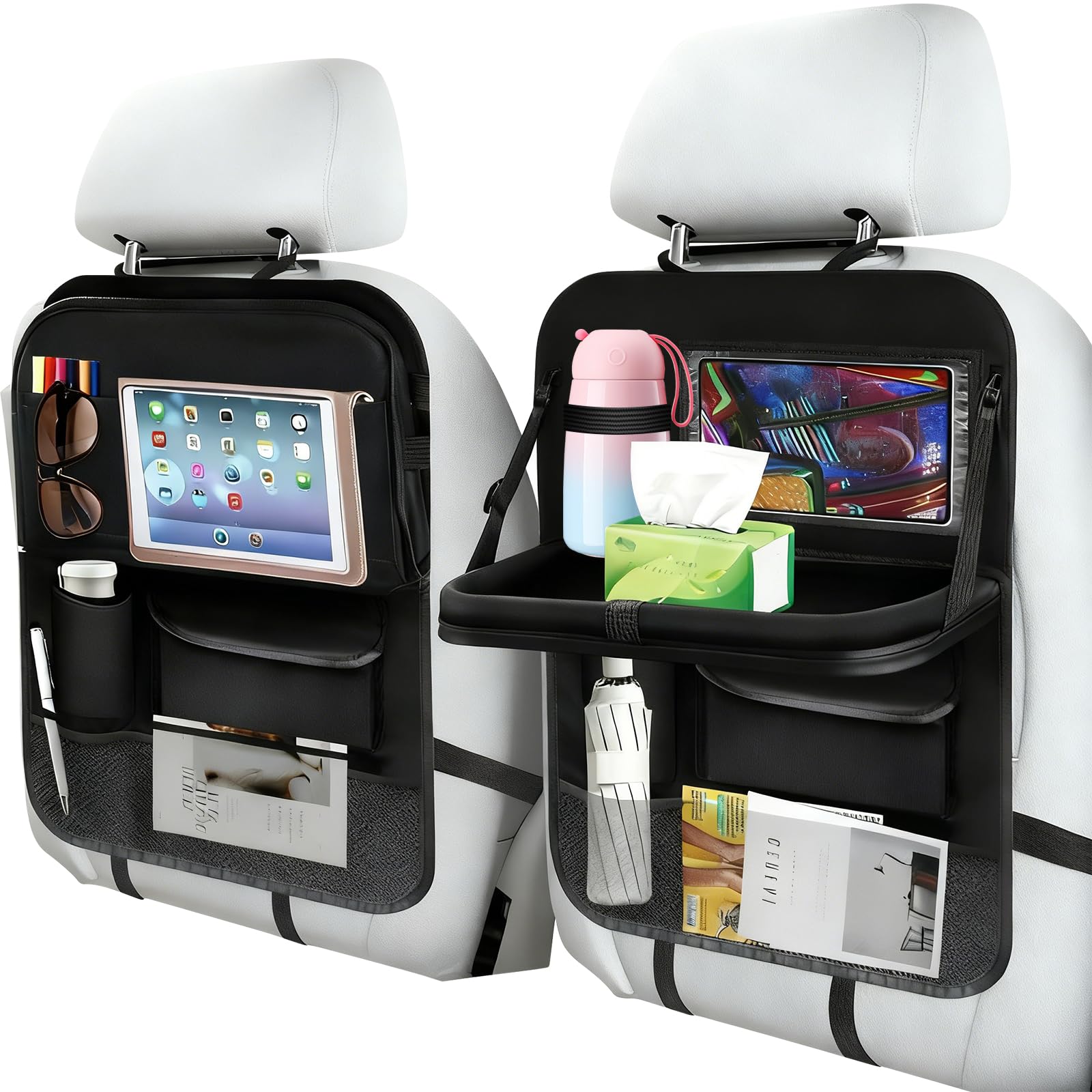 2 Piezas Organizador Coche Niños, Organizador Asiento Coche con Mesa Plegable y Funda para Tablet Oxford Protector Asiento Coche Impermeable para Viajes Familiares y Almacenamiento Juguetes