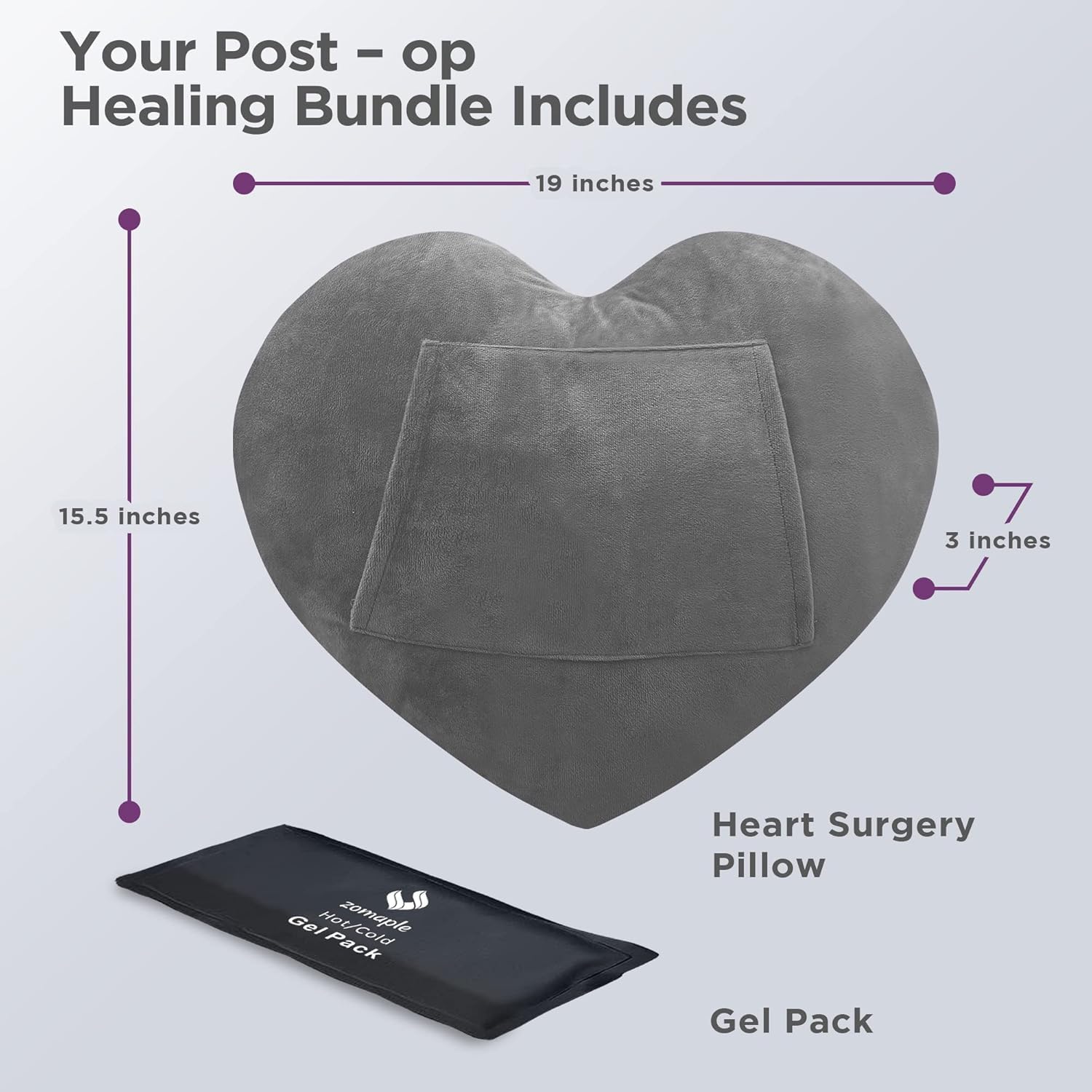 Zomaple Open Heart Surgery Pillow + 2 Gel Pack, Grey – Eases Chest Pressure for Calmer Rides & Rest – Hot/Cold Comfort, Torso Support, Cover Included – Gift-Ready Heart Pillow for After Heart Surgery