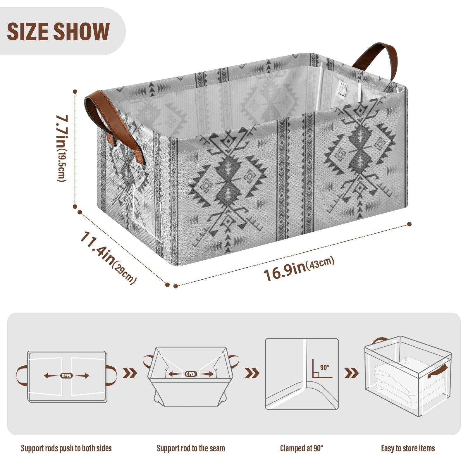 Fygkptb Vintage Aztec Native American Indian Southwest Grey Geometric 1 PC Rectangle Foldable Frame Basket Leather Handles Storage Bin for Laundry Bathroom Organizer 16.9 x 11.4 x 7.7 inch