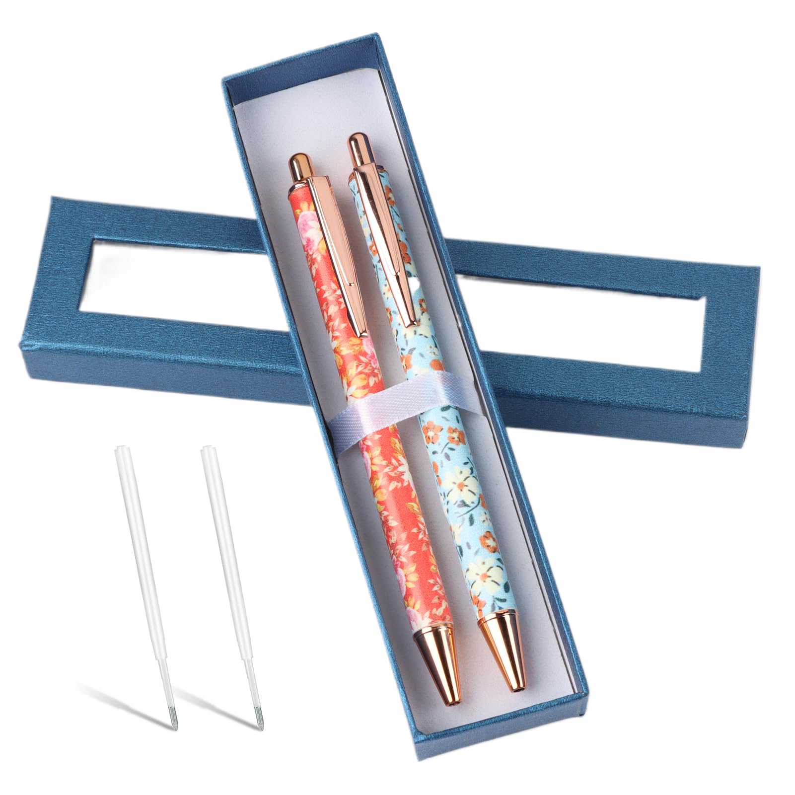 Goerpn 2Pcs Floral Metal Ballpoint Pens 1.0 mm Click Retractable Pretty Pen Sets Black Ink Nice Fancy Pens in Gift Box for Women Ladies Girls