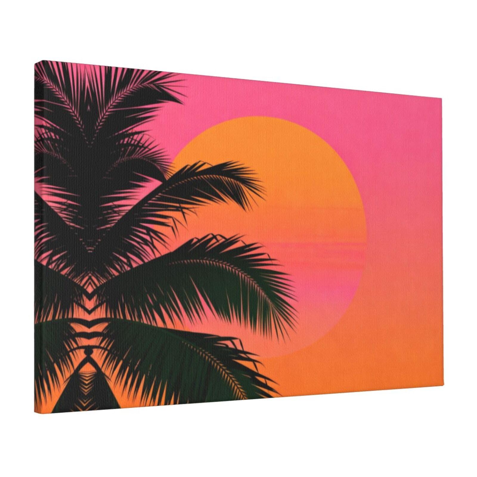 CNTDBU Palm Sunset Silhouette Canvas Wall Art 16x24 Inch-Large Modern Painting Print for Living Room, Framed Ready to Hang Artwork for Bedroom