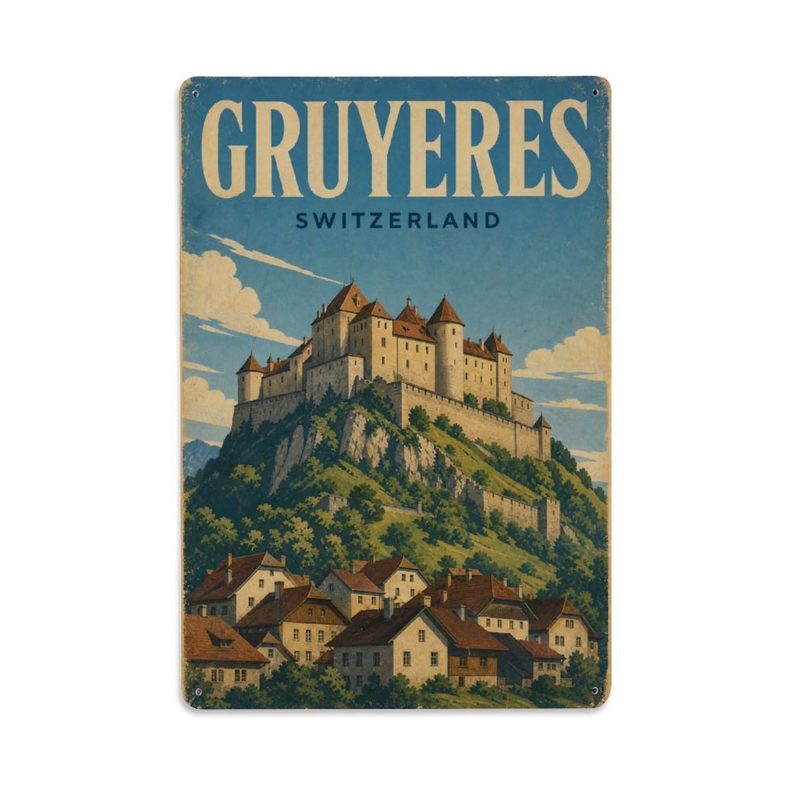 Retro Travel Switzerland Gruyeres Metal Tin Sign
