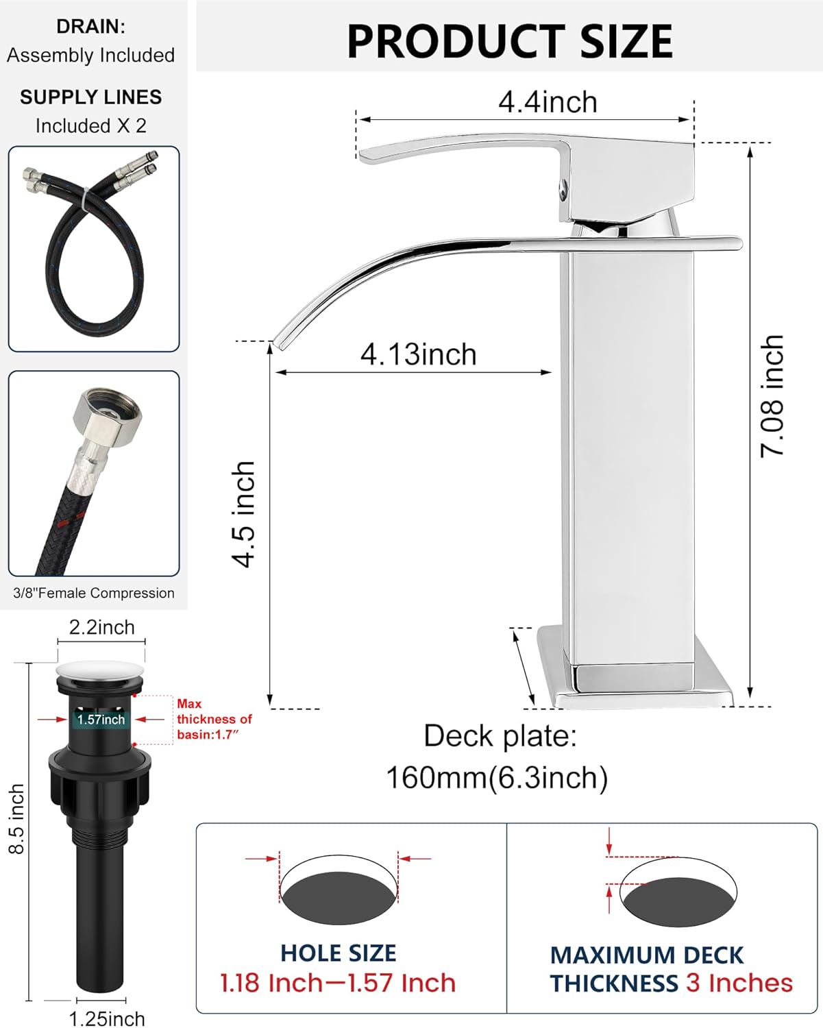 Midanya Bathroom Faucet with Waterfall Spout, Single Hole or 3-Hole Deck Mount, 304 Stainless Steel Sink Faucet with Pop-Up Drain, RV Vanity Compatible,Polish Chrome